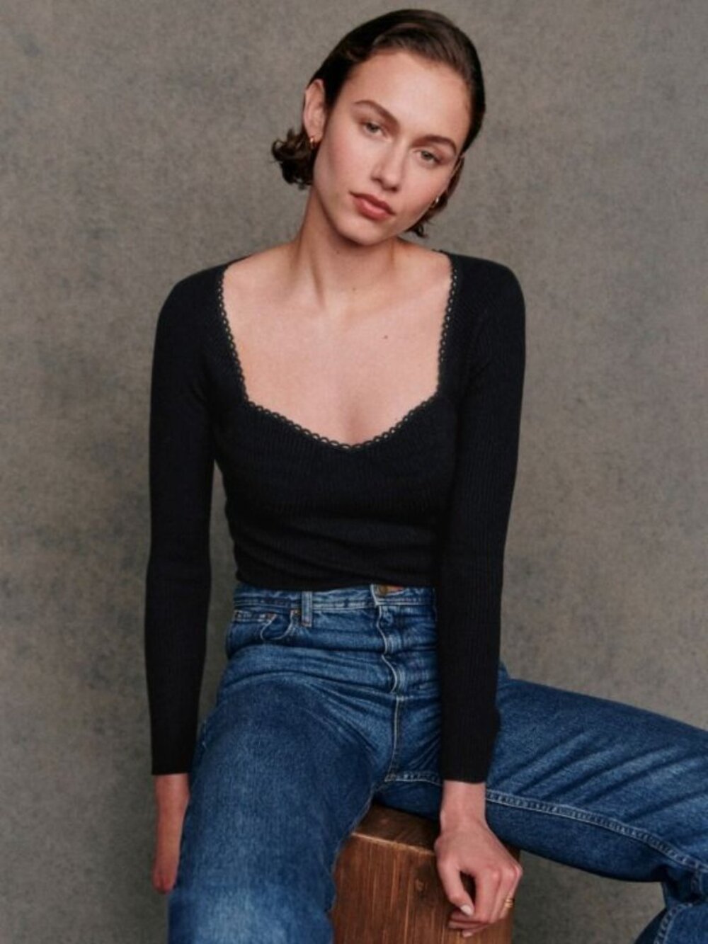 Sezane Maha jumper sweater black size M merino wool sweetheart neckline lace